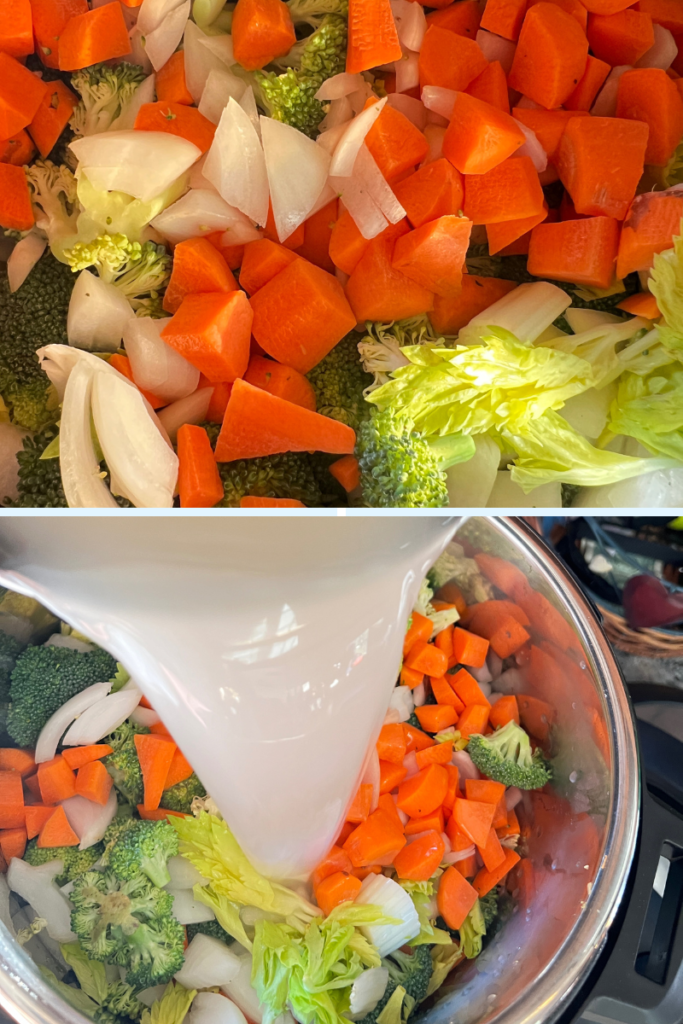 two frames in one photo with a pot of vegetables cut up for soup in the top frame and broth being added in the bottom frame.  