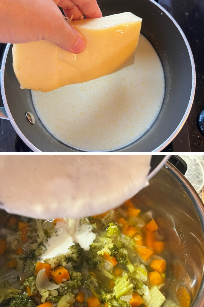 two frame photo with a block of cheese being added to a pot of warm milk and the bottom frame of the melted cheese sauce being poured into a pot of well cooked vegetables for a cream soup