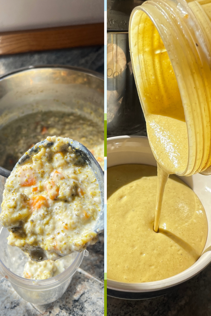 two frame photo with label of soup being poured into a blender on the left frame and on the right frame pouring blended or pureed soup from a blender into a bowl