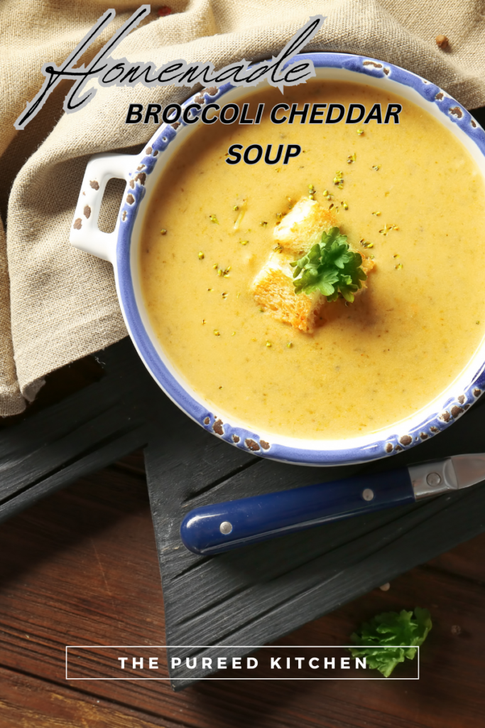 ceramic bowl of creamy broccoli cheddar soup