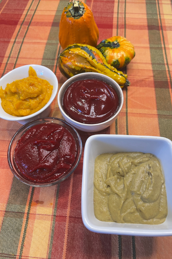 four individual small bowls each of pureed foods for thanksgiving side dishes to include pureed roasted sage squash, pureed Harvard beets, pureed jellied cranberry sauce and pureed green bean casserole 